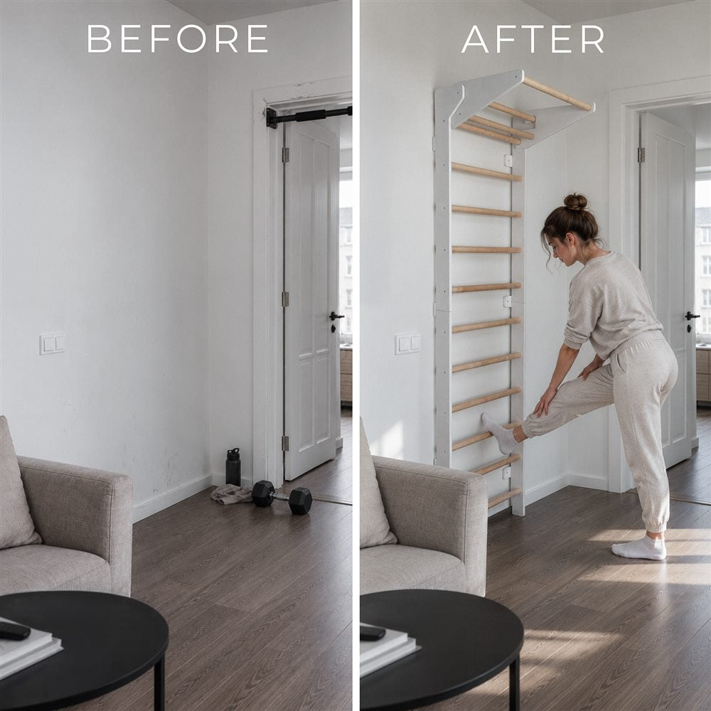 Before: an empty doorway with a pull-up bar and a dumbbell on the floor. After: the same doorway with an EZORA wall ladder installed and in use