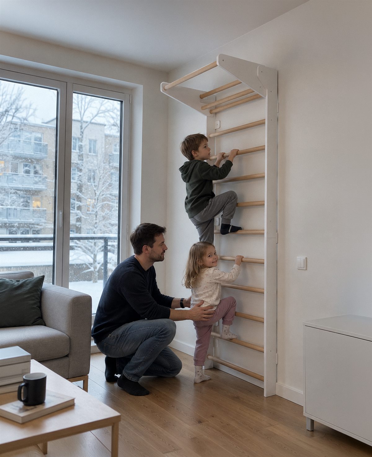 A father helps two young children climb a wall ladder in front of a snowy window