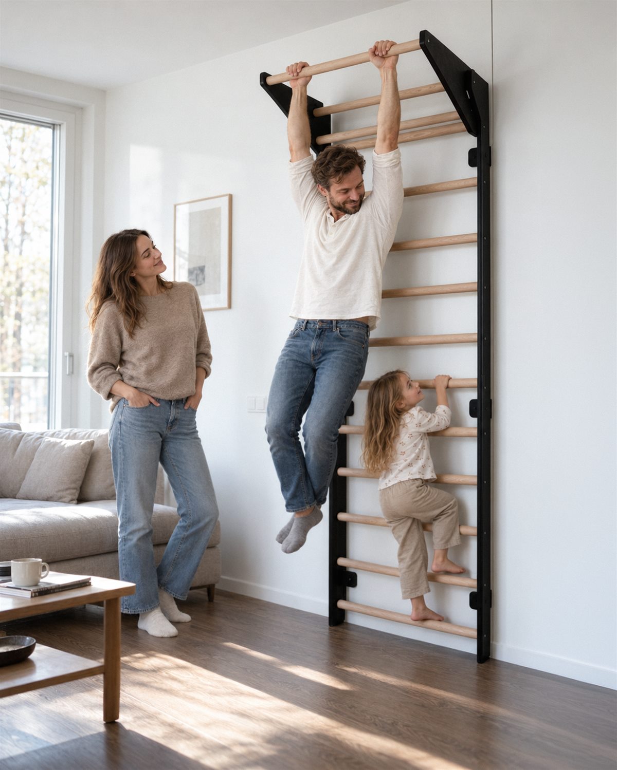 A mother watches as a father hangs from the pull-up bar and a young child climbs the rungs of a wall ladder